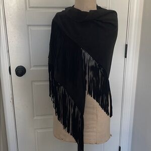 Black Fringed Wrap in Faux Suede Bohemian Festival OS